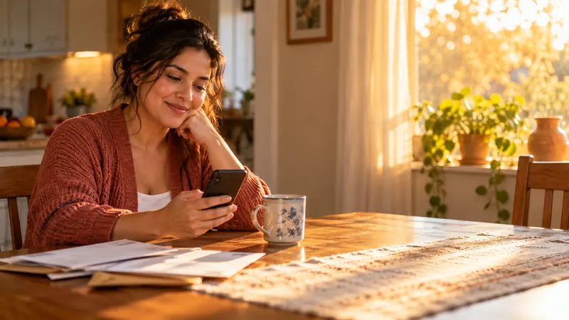 Woman at a sunlit kitchen table checking a loan option on her phone