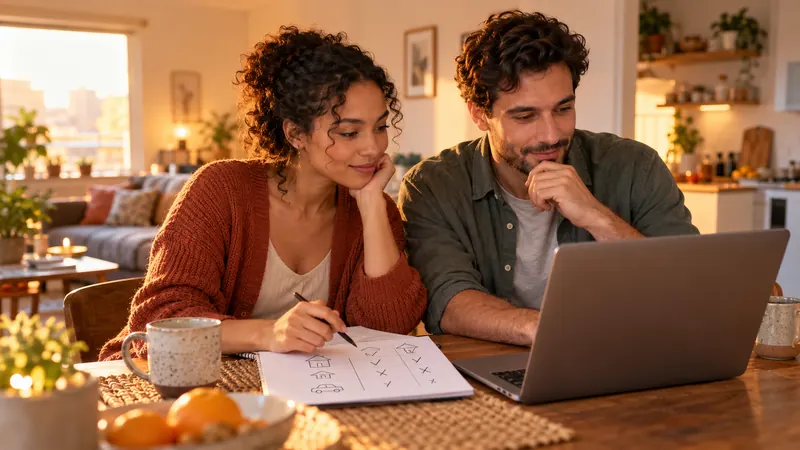 Couple at a dining table comparing loan alternatives on a laptop and a hand-drawn chart