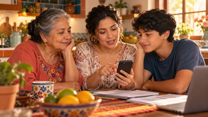 Abuela, madre e hijo en la mesa de la cocina revisando opciones de préstamo en un teléfono