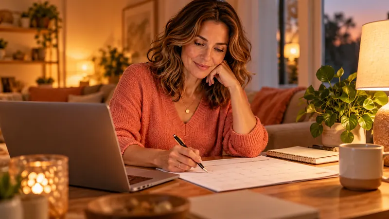 Woman at a home desk in the evening planning a larger expense on a calendar