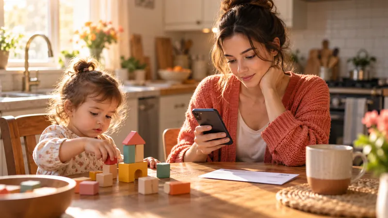 Mother checking her phone at the kitchen table while her toddler plays with blocks