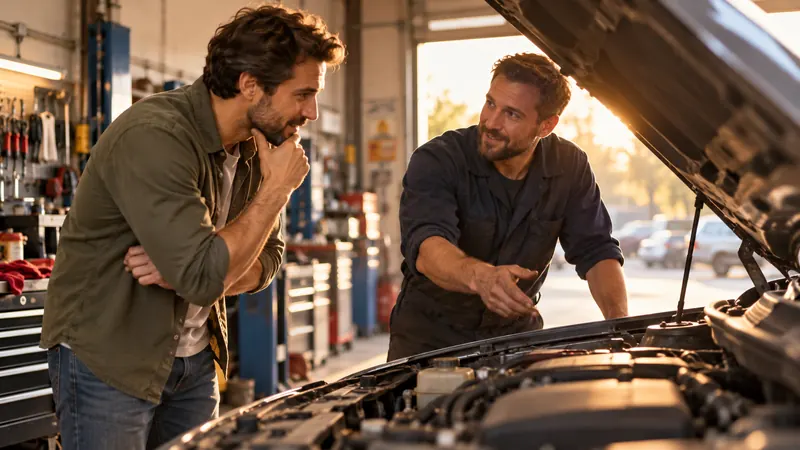 Mechanic explaining a car repair to a customer at an auto repair shop