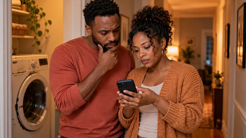 Couple next to a broken washing machine looking at repair costs on a phone