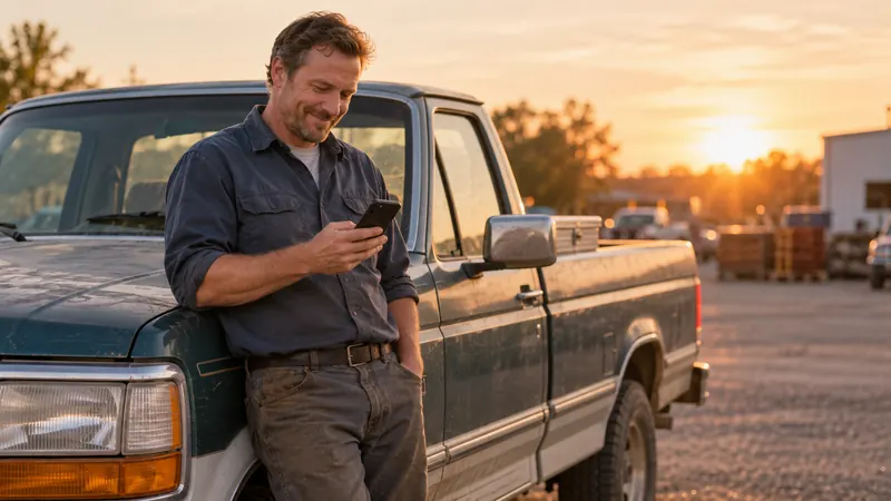 Worker leaning on his pickup truck, smiling at a loan approval update on his phone
