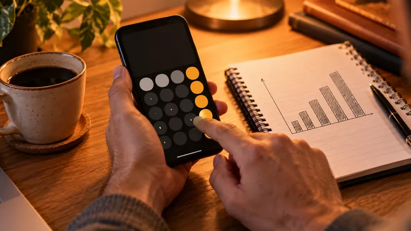 Hands using a calculator app beside a notebook with a hand-drawn bar chart