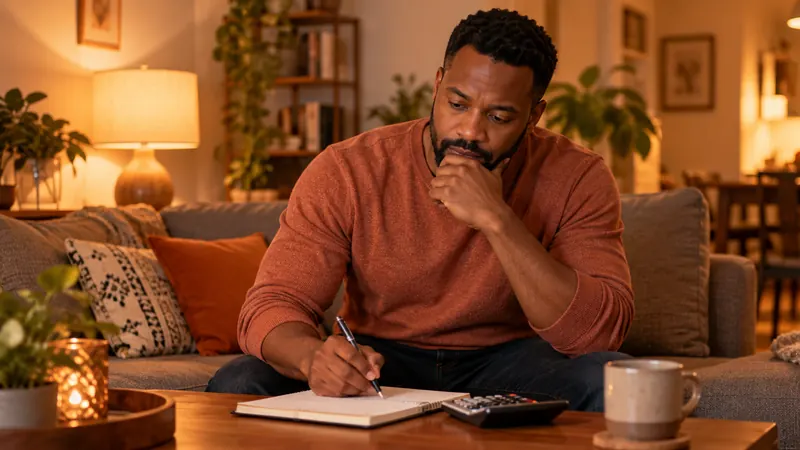 Man on a living-room couch working out a Spotloan budget with a notebook and calculator