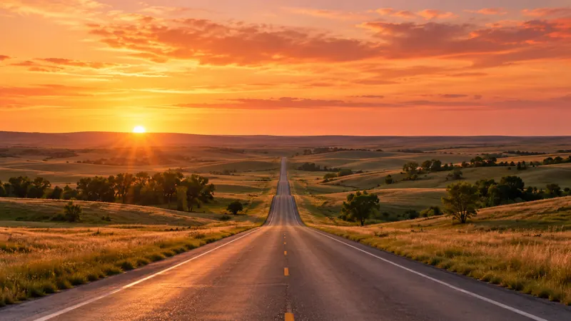 Open North Dakota prairie road at sunrise