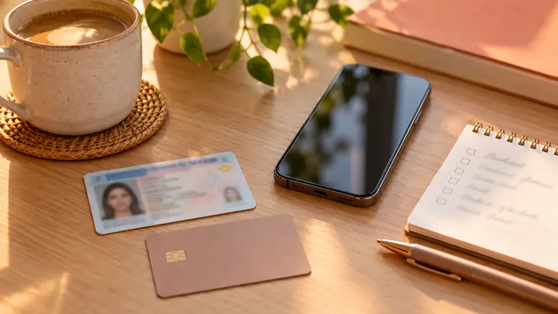 Spotloan requirements laid out on a desk: ID card, bank card, smartphone and a checklist