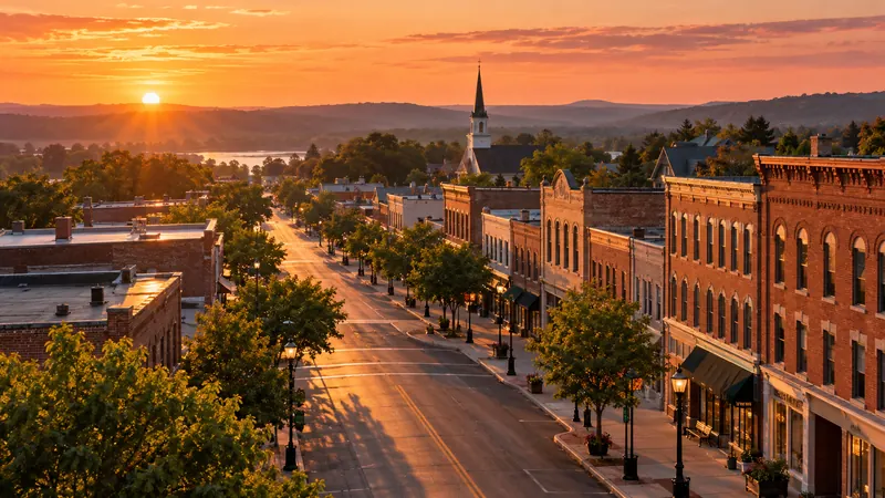Sunrise over the main street of a small American town